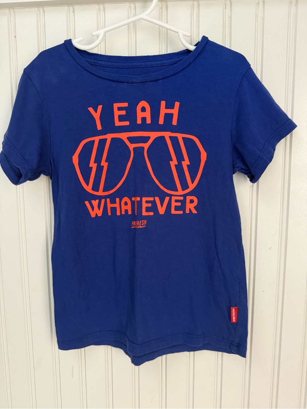 PREFRESH Blue Tee with Bright Orange 'Yeah Whatever' Graphic